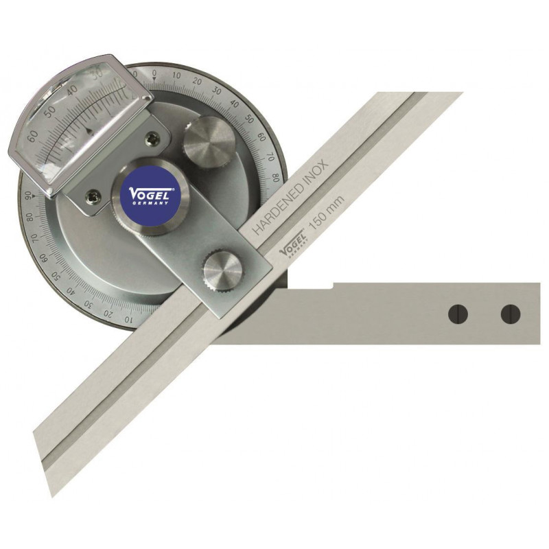Transportador de angulos universal goniometro 3 reglas 150/200/300 mm,inox,chromed, lupa, ajuste fino en caja de plastico.