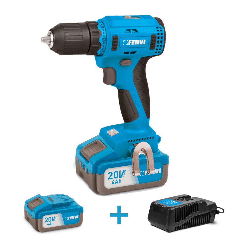 Taladro atornillador de 20 V + cargdor 4 A 20 V + 2 bateria 4A 20 V + maleta